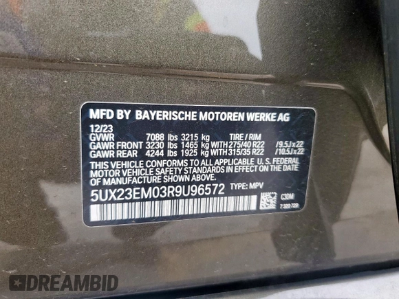 2024 BMW X7 xDrive40i z VIN 5UX23EM03R9U96572, wystawiony jako Copart lot #54822015 z przebiegiem Nie podano mil oraz Szkody całkowita. Historia ofert i sprzedaży dostępna na DreamBid. Obrazek 13.