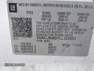 2020 Chevrolet Trax LS with VIN 3GNCJNSB7LL119507, listed as a IAAI auction lot 41829202 with 130,600 mi miles. Bid and sale history available at carsss.com. Image 9.