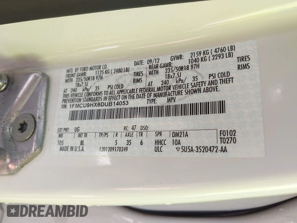 2013 Ford Escape SEL with VIN 1FMCU9HX6DUB14053, listed as a IAAI auction lot 42361297 with 144,861 mi miles and . Bid and sale history available at DreamBid. Image 9.