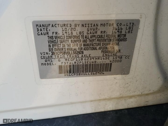 2020 Nissan Kicks S with VIN 3N1CP5BV0LL562926, listed as a Copart auction lot 48156995 with 54,913 mi miles and Salvage Title. Bid and sale history available at carsss.com. Image 12.
