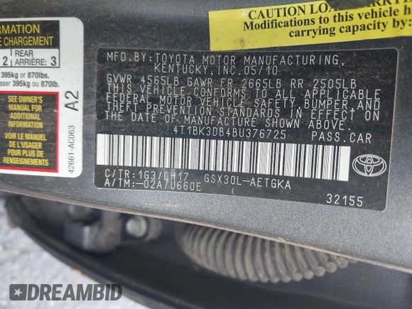 2011 Toyota Avalon with VIN 4T1BK3DB4BU376725, listed as a IAAI auction lot 42027785 with Not Provided miles and . Bid and sale history available at DreamBid. Image 9.