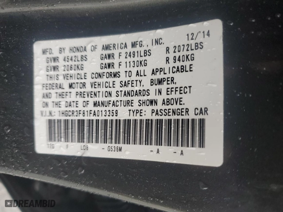 2015 Honda Accord Sedan EX-L with VIN 1HGCR3F81FA013359, listed as a Copart auction lot 46190325 with 134,984 mi miles and Salvage Title. Bid and sale history available at carsss.com. Image 14.