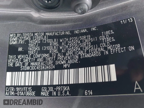 2014 Toyota Sienna SE with VIN 5TDXK3DC4ES434604, listed as a IAAI auction lot 41346434 with 108,633 mi miles and . Bid and sale history available at DreamBid. Image 9.