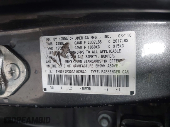 2010 Honda Accord LX z VIN 1HGCP2F30AA102840, wystawiony jako IAAI lot #41922528 z przebiegiem 147 318 mil mil oraz . Historia ofert i sprzedaży dostępna na DreamBid. Obrazek 9.