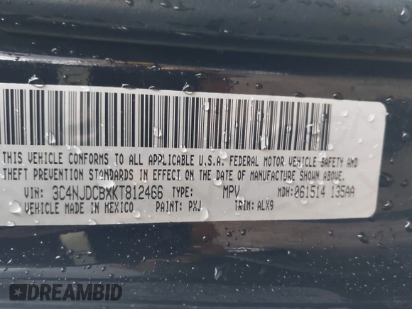 2019 Jeep Compass Limited with VIN 3C4NJDCBXKT812466, listed as a IAAI auction lot 42050090 with 103,282 mi miles and . Bid and sale history available at DreamBid. Image 9.
