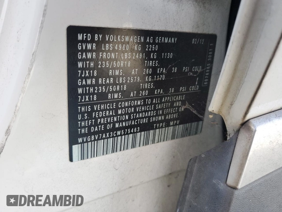2012 Volkswagen Tiguan S with VIN WVGBV7AX3CW575463, listed as a Copart auction lot 77889064 with 168,520 mi miles and Salvage Title. Bid and sale history available at DreamBid. Image 12.
