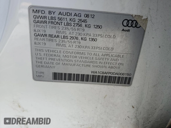 2013 Audi Q5 Hybrid Prestige with VIN WA1C8AFP0DA006150, listed as a Copart auction lot 45060475 with 169,197 mi miles and Clean title. Bid and sale history available at DreamBid. Image 13.