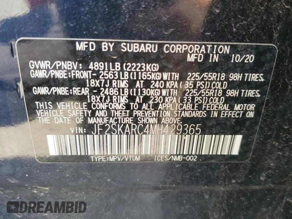 2021 Subaru Forester Special Sports с VIN JF2SKARC4MH429365, выставлен на аукционе Copart как лот 57953405 с пробегом 65 664 миль миль и Списание • Salvage title. История ставок и продаж доступна на DreamBid. Изображение 13.