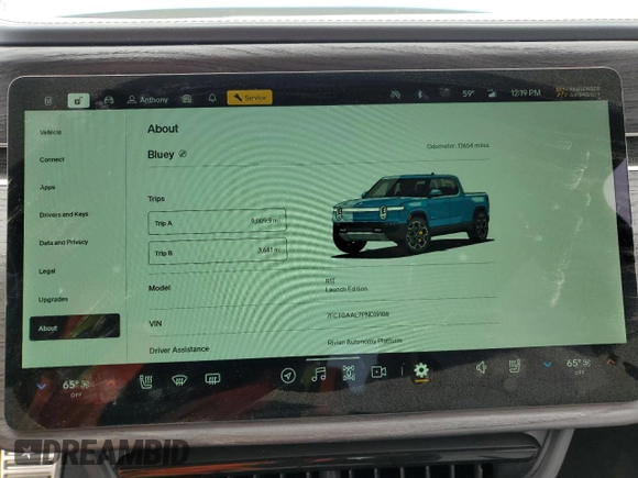 2023 Rivian R1T Launch Edition with VIN 7FCTGAAL7PN019188, listed as a Copart auction lot 55100405 with 13,654 mi miles and Salvage Title. Bid and sale history available at DreamBid. Image 9.