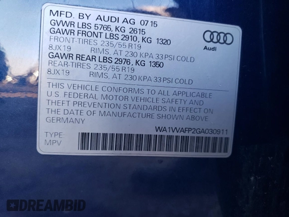 2016 Audi Q5 z VIN WA1VVAFP2GA030911, wystawiony jako Copart lot #82610814 z przebiegiem 132 087 mil mil oraz Szkoda całkowita • Salvage title. Historia ofert i sprzedaży dostępna na DreamBid. Obrazek 12.