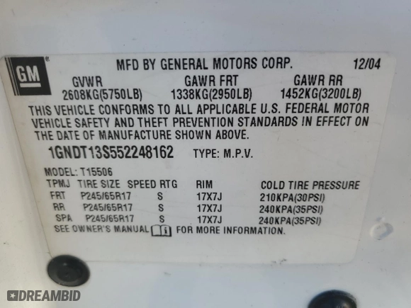 2005 Chevrolet TrailBlazer LS with VIN 1GNDT13S552248162, listed as a Copart auction lot 48618315 with NaN miles and Salvage Title. Bid and sale history available at carsss.com. Image 15.