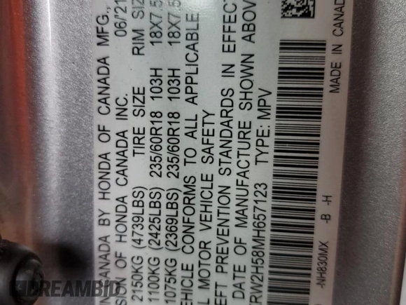 2021 Honda CR-V EX with VIN 2HKRW2H58MH657123, listed as a Copart auction lot 64487955 with 123,190 mi miles and Clean title. Bid and sale history available at DreamBid. Image 13.