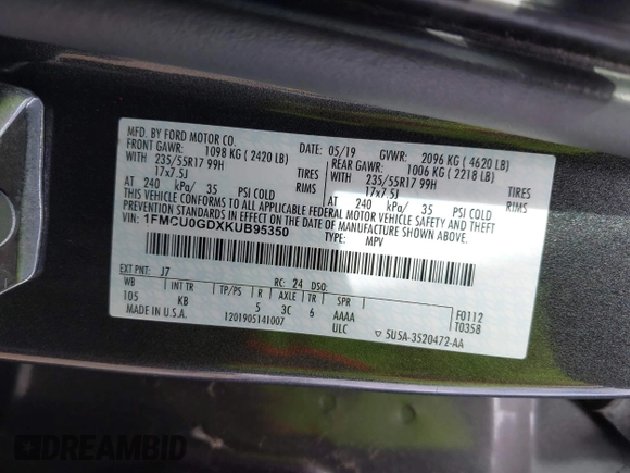 2019 Ford Escape SE with VIN 1FMCU0GDXKUB95350, listed as a IAAI auction lot 42154622 with 109,309 mi miles. Bid and sale history available at carsss.com. Image 9.