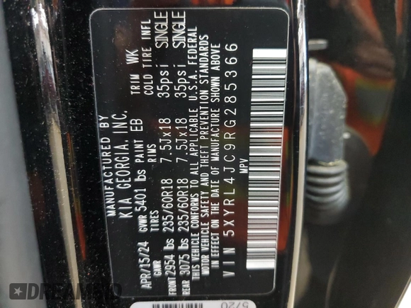 2024 Kia Sorento S z VIN 5XYRL4JC9RG285366, wystawiony jako Copart lot #62534455 z przebiegiem Nie podano mil oraz Nie do naprawy • Non repairable. Historia ofert i sprzedaży dostępna na DreamBid. Obrazek 14.