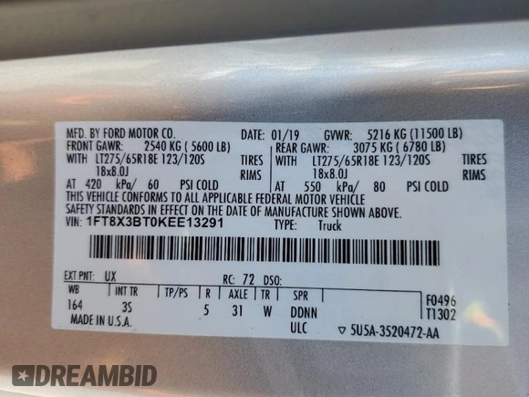 2019 Ford F-350 XL with VIN 1FT8X3BT0KEE13291, listed as a Copart auction lot 62368685 with 114,389 mi miles and Salvage title. Bid and sale history available at DreamBid. Image 13.