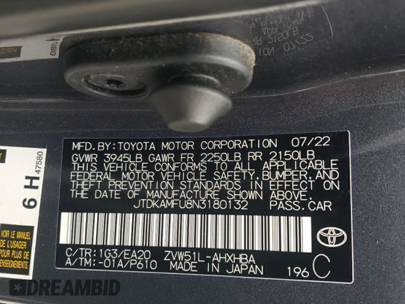 2022 Toyota Prius L Eco z VIN JTDKAMFU8N3180132, wystawiony jako Copart lot #52928455 z przebiegiem 13 547 mil mil oraz Szkoda całkowita • Salvage title. Historia ofert i sprzedaży dostępna na DreamBid. Obrazek 15.