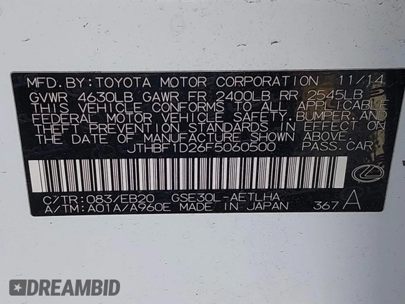 2015 Lexus IS 250 with VIN JTHBF1D26F5060500, listed as a IAAI auction lot 41309713 with 137,620 mi miles and . Bid and sale history available at carsss.com. Image 9.