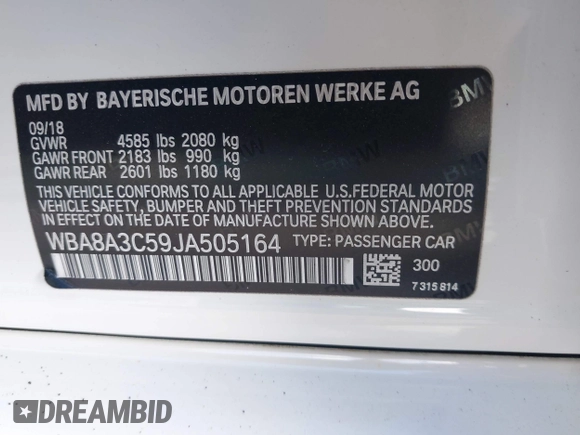 2018 BMW 3 Series 320i xDrive with VIN WBA8A3C59JA505164, listed as a IAAI auction lot 41959756 with 63,395 mi miles and . Bid and sale history available at DreamBid. Image 9.