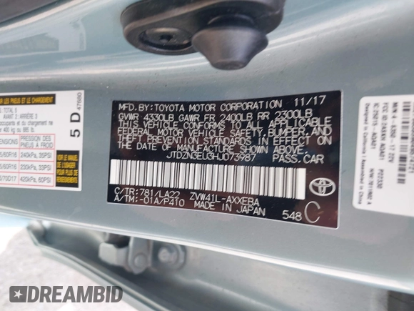 2017 Toyota Prius Two with VIN JTDZN3EU3HJ073987, listed as a IAAI auction lot 41962458 with 84,464 mi miles and . Bid and sale history available at DreamBid. Image 9.