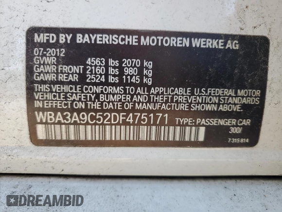 2013 BMW 3 Series 335i with VIN WBA3A9C52DF475171, listed as a Copart auction lot 51878225 with 186,381 mi miles and Clean Title. Bid and sale history available at carsss.com. Image 12.