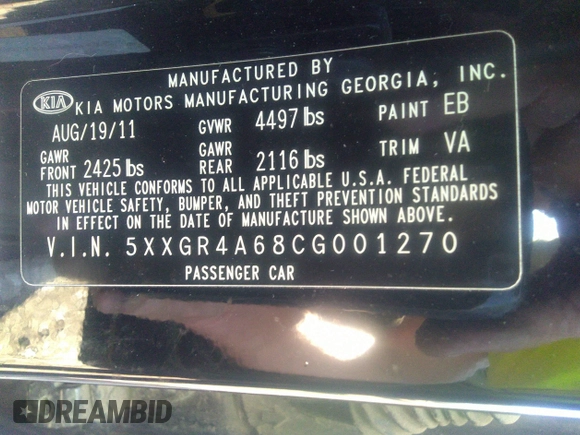 2012 Kia Optima SX with VIN 5XXGR4A68CG001270, listed as a IAAI auction lot 34862669 with 180,039 mi miles and . Bid and sale history available at carsss.com. Image 9.