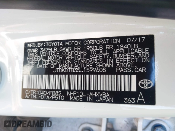 2018 Toyota Prius One with VIN JTDKDTB35J1599608, listed as a IAAI auction lot 42041924 with 89,156 mi miles and . Bid and sale history available at DreamBid. Image 9.