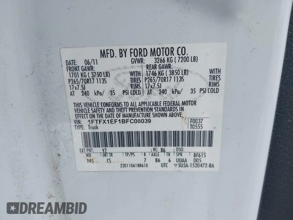 2011 Ford F-150 XL with VIN 1FTFX1EF1BFC08039, listed as a IAAI auction lot 41657526 with 234,515 mi miles. Bid and sale history available at carsss.com. Image 9.