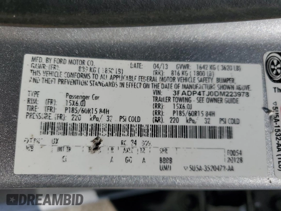 2013 Ford Fiesta S with VIN 3FADP4TJ0DM223978, listed as a Copart auction lot 53339885 with 149,237 mi miles and Salvage title. Bid and sale history available at DreamBid. Image 12.