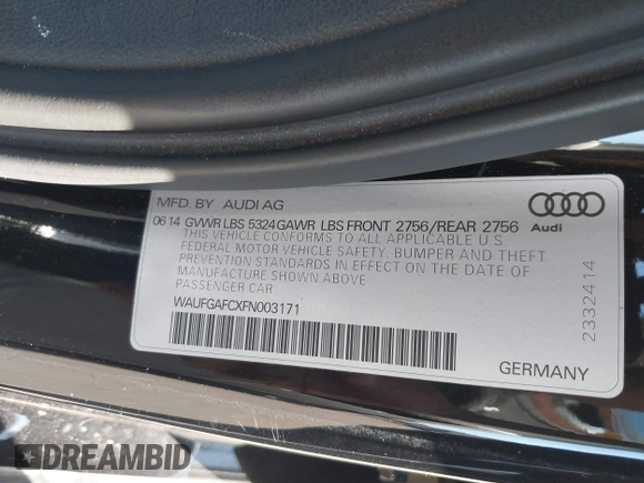 2015 Audi A6 Premium Plus with VIN WAUFGAFCXFN003171, listed as a IAAI auction lot 41262612 with 70,126 mi miles and . Bid and sale history available at DreamBid. Image 9.