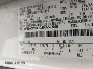 2018 Ford Transit Passenger XL with VIN 1FBAX2CG9JKA57540, listed as a IAAI auction lot 42068646 with 116,346 mi miles and . Bid and sale history available at carsss.com. Image 9.