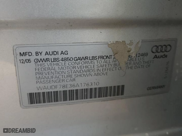 2006 Audi A4 2.0T with VIN WAUDF78E36A176310, listed as a Copart auction lot 76574594 with 0 mi miles and Salvage Title. Bid and sale history available at carsss.com. Image 13.
