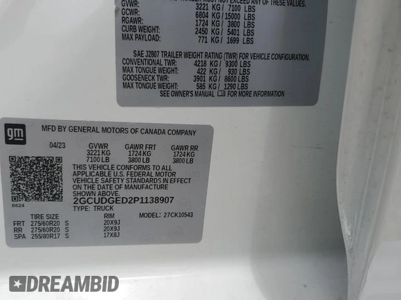 2023 Chevrolet Silverado 1500 LTZ with VIN 2GCUDGED2P1138907, listed as a Copart auction lot 50476505 with 26,017 mi miles and Salvage Title. Bid and sale history available at DreamBid. Image 13.