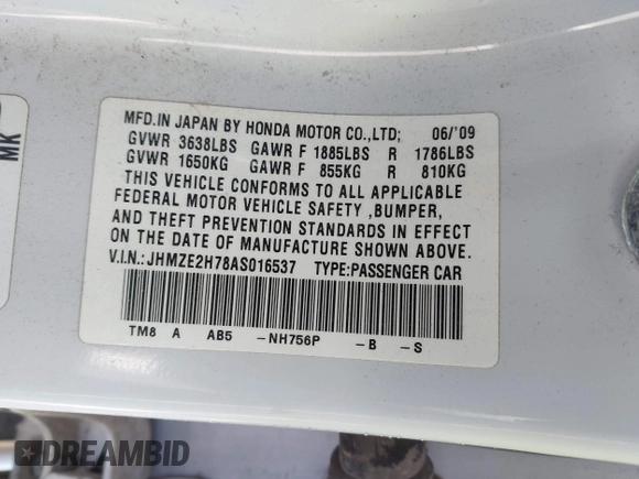 2010 Honda Insight EX with VIN JHMZE2H78AS016537, listed as a IAAI auction lot 42199484 with 273,061 mi miles and . Bid and sale history available at DreamBid. Image 9.