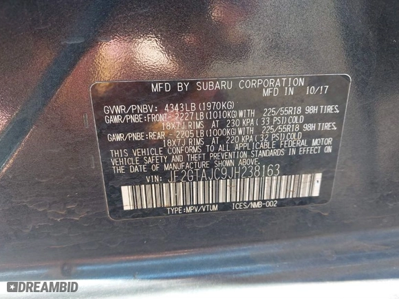 2018 Subaru Crosstrek Limited with VIN JF2GTAJC9JH238163, listed as a IAAI auction lot 41533930 with NaN miles. Bid and sale history available at carsss.com. Image 9.