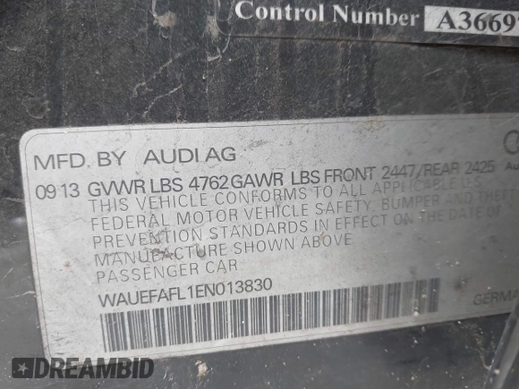 2014 Audi A4 Premium Plus with VIN WAUEFAFL1EN013830, listed as a IAAI auction lot 40807293 with 94,241 mi miles. Bid and sale history available at carsss.com. Image 9.