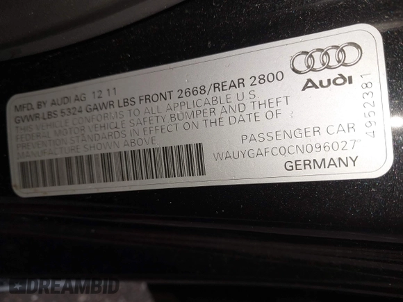 2012 Audi A7 Premium Plus with VIN WAUYGAFC0CN096027, listed as a IAAI auction lot 40881391 with 155,433 mi miles and . Bid and sale history available at DreamBid. Image 9.