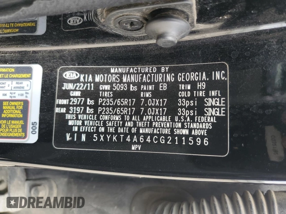 2012 Kia Sorento LX with VIN 5XYKT4A64CG211596, listed as a Copart auction lot 51522015 with 190,813 mi miles and Clean Title. Bid and sale history available at carsss.com. Image 13.