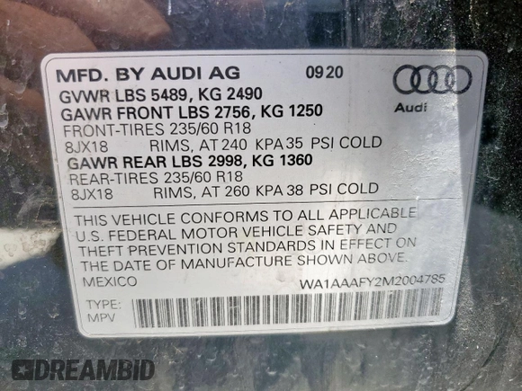 2021 Audi Q5 Premium with VIN WA1AAAFY2M2004785, listed as a Copart auction lot 56500595 with 79,376 mi miles and Salvage title. Bid and sale history available at DreamBid. Image 13.