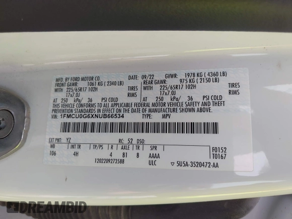 2022 Ford Escape SE z VIN 1FMCU0G6XNUB66534, wystawiony jako IAAI lot #42129812 z przebiegiem 28 836 mil mil oraz . Historia ofert i sprzedaży dostępna na DreamBid. Obrazek 9.