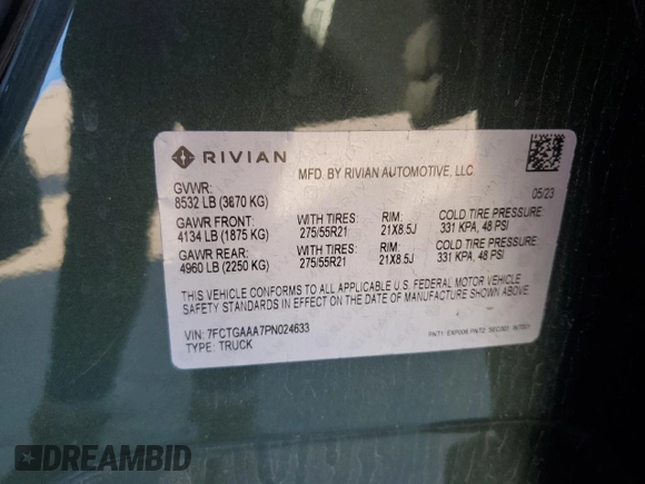 2023 Rivian R1T Adventure with VIN 7FCTGAAA7PN024633, listed as a Copart auction lot 41481365 with 24,965 mi miles and Salvage Title. Bid and sale history available at carsss.com. Image 13.