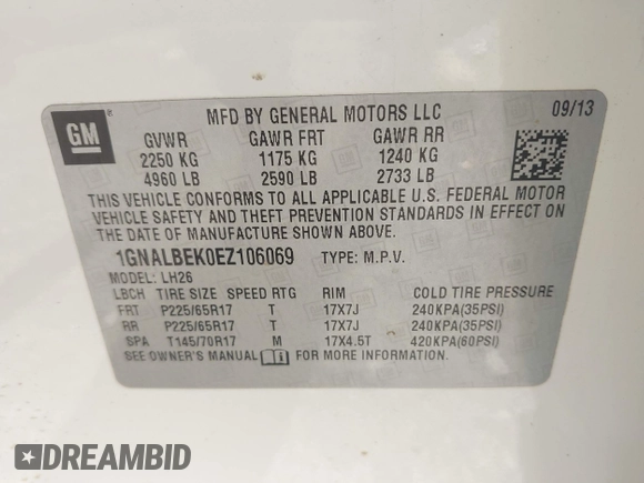 2014 Chevrolet Equinox LT with VIN 1GNALBEK0EZ106069, listed as a IAAI auction lot 42037368 with 133,777 mi miles. Bid and sale history available at carsss.com. Image 9.