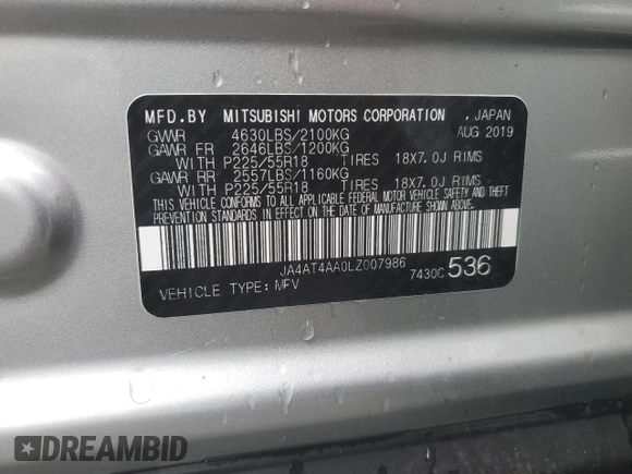 2020 Mitsubishi Eclipse Cross LE with VIN JA4AT4AA0LZ007986, listed as a Copart auction lot 39148614 with 72,649 mi miles and Non repairable. Bid and sale history available at DreamBid. Image 12.