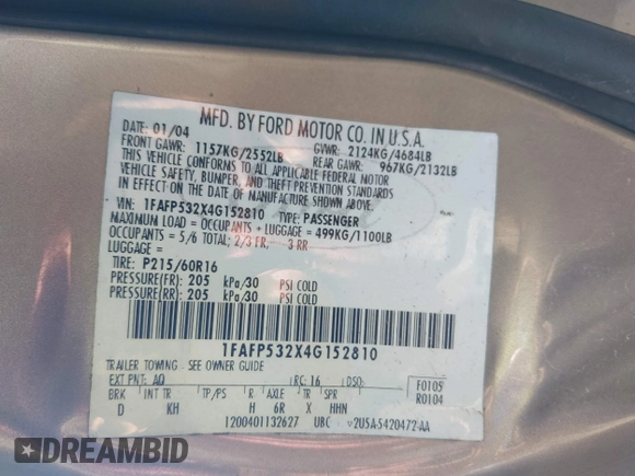 2004 Ford Taurus SE with VIN 1FAFP532X4G152810, listed as a IAAI auction lot 41639876 with 98,718 mi miles and . Bid and sale history available at DreamBid. Image 9.