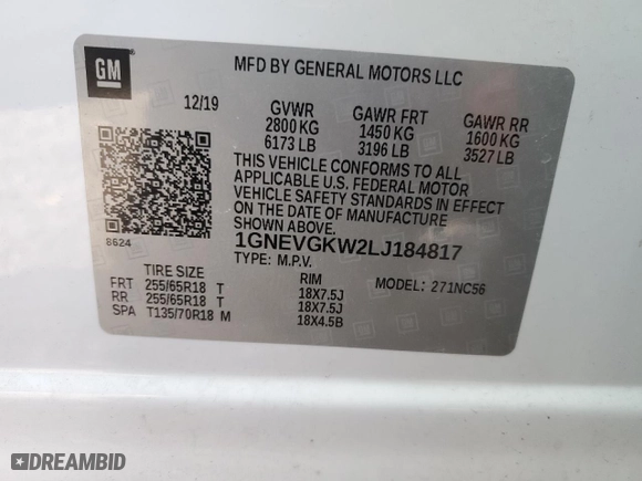 2020 Chevrolet Traverse LT Cloth with VIN 1GNEVGKW2LJ184817, listed as a Copart auction lot 45007175 with 59,658 mi miles and Salvage Title. Bid and sale history available at carsss.com. Image 13.