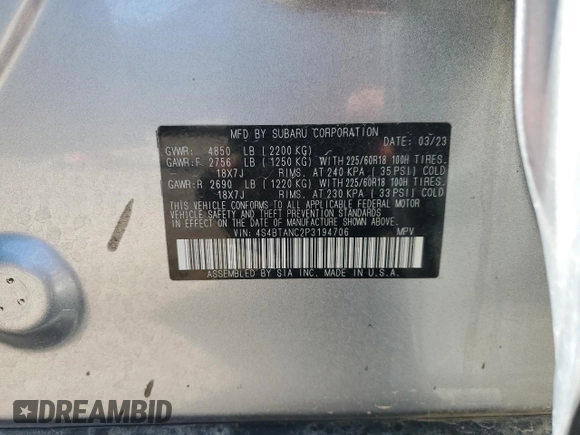 2023 Subaru Outback Limited z VIN 4S4BTANC2P3194706, wystawiony jako Copart lot #58132695 z przebiegiem 29 318 mil mil oraz Szkoda całkowita • Salvage title. Historia ofert i sprzedaży dostępna na DreamBid. Obrazek 14.
