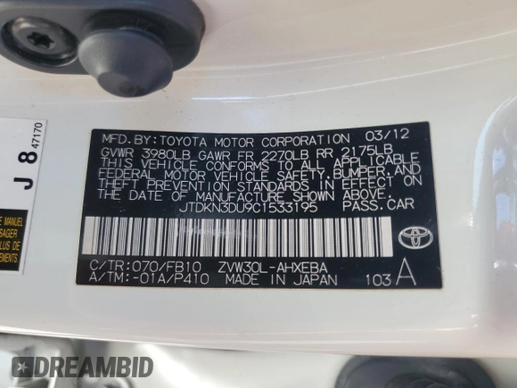 2012 Toyota Prius One with VIN JTDKN3DU9C1533195, listed as a Copart auction lot 52617625 with 159,480 mi miles and Clean Title. Bid and sale history available at carsss.com. Image 12.