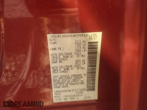 2017 Nissan Titan SV with VIN 1N6AA1E67HN557309, listed as a Copart auction lot 53748735 with 112,197 mi miles and Salvage title. Bid and sale history available at DreamBid. Image 12.
