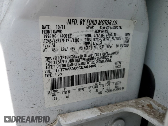 2012 Ford F-250 XL with VIN 1FT7W2A66CEA61405, listed as a Copart auction lot 51750775 with Not provided miles and Salvage title. Bid and sale history available at DreamBid. Image 12.