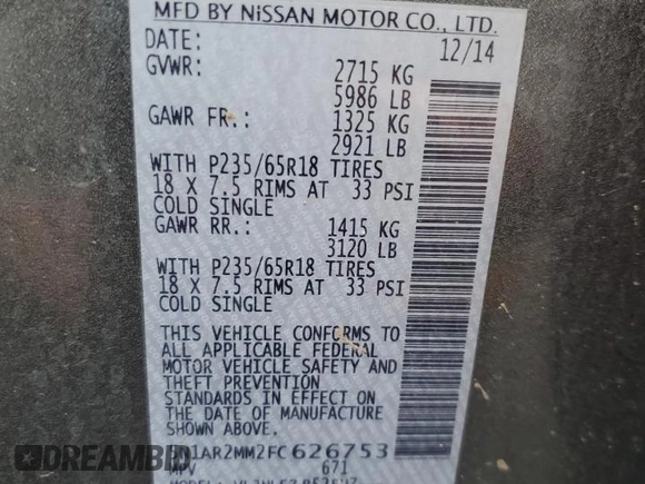 2015 Nissan Pathfinder SL with VIN 5N1AR2MM2FC626753, listed as a Copart auction lot 58990055 with Not provided miles and Salvage title. Bid and sale history available at DreamBid. Image 12.