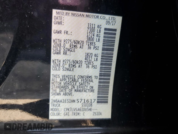2017 Nissan Titan SV z VIN 1N6AA1E51HN571617, wystawiony jako Copart lot #71640544 z przebiegiem 89 088 mil mil oraz Szkoda całkowita • Salvage title. Historia ofert i sprzedaży dostępna na DreamBid. Obrazek 13.